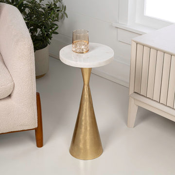 Ziggy 22" Contemporary Designer Metal Drink Table and Decorative End Table with White Marble Round Top and Cone Pedestal Base